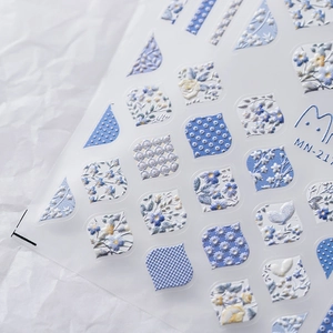 5D stereoscopic floral and butterfly embossed nail stickers in light blue and white MN-21