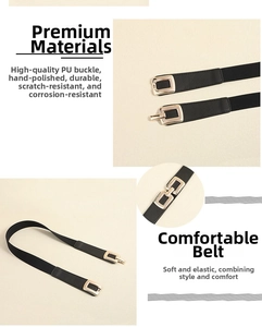 Detailed close-up of a women's black elastic waist belt with a gold square metal buckle