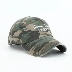 Detail of white Going Away PARTY embroidery on woodland camouflage baseball cap
