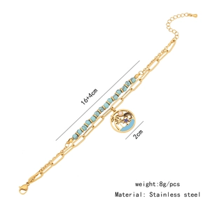 Detail of stainless steel double-layer bracelet with beach scene pendant and turquoise beads