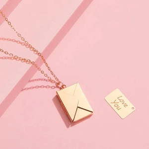 Rose gold stainless steel envelope pendant necklace with Love You engraved insert charm