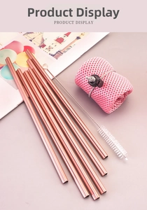 Eight rose gold stainless steel straws with cleaning brush and pink mesh storage bag