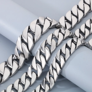Polished silver metal Cuban link chain necklace with minimalist matte finish for men