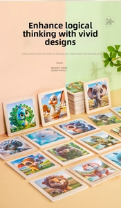 Close-up of wooden theme jigsaw puzzles with colorful 3D cartoon animal shapes for kids