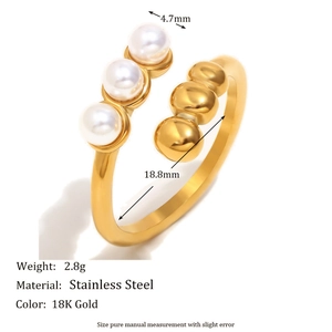 18K gold plated stainless steel open ring with three white pearls for women fashion