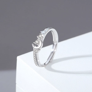 Adjustable 925 sterling silver couple ring with glowing star moon design and cubic zirconia