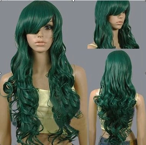 Deep green long wavy cosplay wig with side-swept bangs showing front and back views
