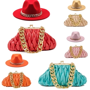 British style wool fedora hat with metal chain and matching pleated cloud bag set