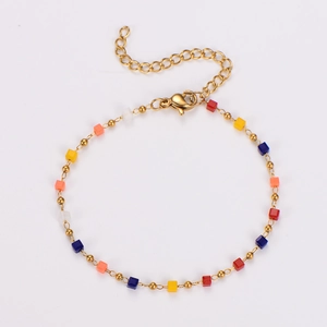Detailed view of 304 stainless steel bracelet with colorful square beads and lobster clasp