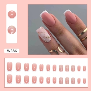 French marble pink press-on nails with gold foil accents, square shape 24pcs set