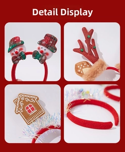 Detail view of festive Christmas headbands featuring snowman, reindeer antlers and gingerbread