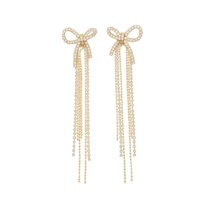 Elegant 18k gold plated bow earrings with long crystal tassels on white background