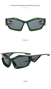 Detailed front and side views of futuristic cyberpunk sunglasses with green resin frames