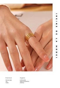 Detail of 18K gold-plated triple-layer adjustable ring on model's finger