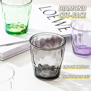 Colorful diamond-cut acrylic tumblers in grey, purple, and green for home and office