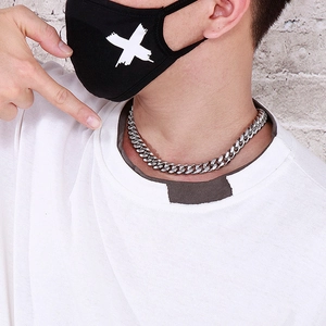 Close-up of 12mm silver stainless steel Cuban link chain necklace with CNC diamond inlay