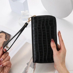 Women's black crocodile pattern long PU leather wallet with gold double zippers and wristlet