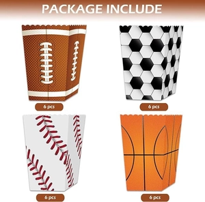 Detail view of 24-piece sports party snack boxes featuring soccer, basketball, and baseball