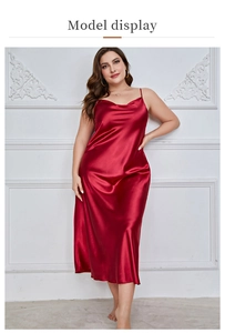 Detail of elegant wine red satin plus size nightgown with cowl neck and thin straps