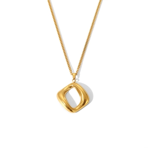 Detail of a golden stainless steel necklace with a hollow irregular square pendant