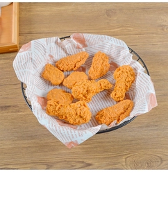 Close-up of realistic fried chicken wing model in a black wire basket on wooden table