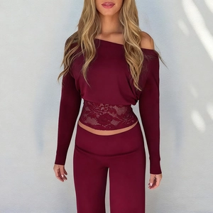 Burgundy off-shoulder top with lace patchwork and matching high-waisted pants set
