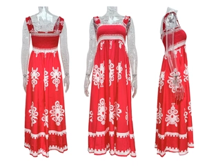 Three-way view of red floral beach maxi dress with smocked bodice and ethnic print