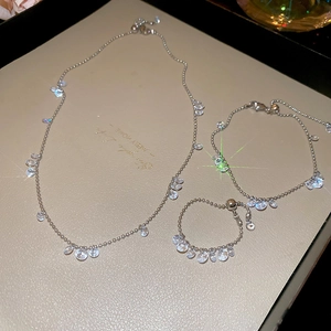 Detailed set of silver stainless steel necklace, bracelet, and ring with zircon inlay