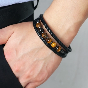 Multi-layer woven leather bracelet for men featuring colorful tiger eye stone beads