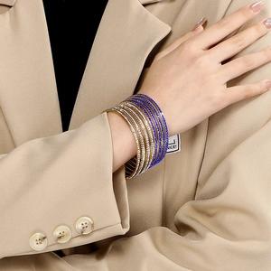 Multi-layer gold-plated stainless steel bangle set with sparkling blue and white crystals