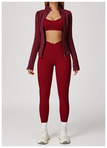Close-up of deep red sports jacket with stand collar and textured high-stretch fabric