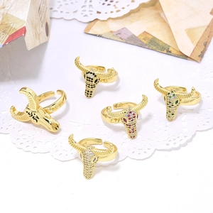 Hip Hop Bull Head Adjustable Open Ring For Men Women Copper Zirconia Inlaid Gold Plated Cuban Bohemian Style Jewelry Gift
