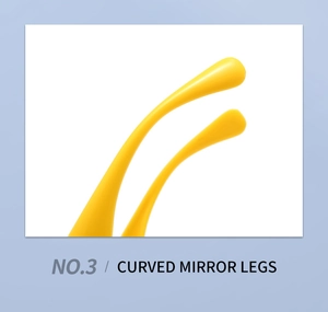 Detail of yellow curved mirror legs showing the smooth texture and trendy design