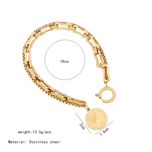 Detailed dimensions of gold coin pendant on stainless steel chain with OT toggle clasp