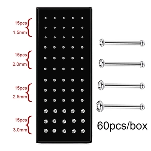 Set of 60 stainless steel nose studs with crystals in 1.5mm to 3.0mm assorted sizes