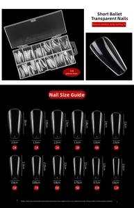 Detailed size chart for long transparent full cover nail tips with length and width dimensions