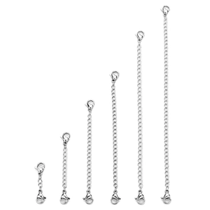 Detailed view of six stainless steel extension chains in various lengths with lobster clasps