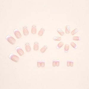 Short square nude French press-on nails with white gradient and arc patterns
