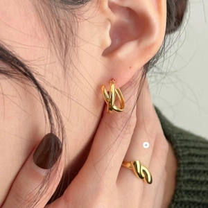 Minimalist S925 sterling silver knotted hoop earrings and open ring set for women