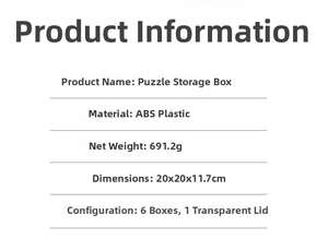 Specifications of the ABS 1000-piece jigsaw puzzle storage box with dimensions and weight