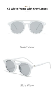 Detail view of retro white double-bridge aviator sunglasses with grey lenses and front side shots