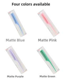 Close-up of matte hairdressing tail combs in four colors with retail card packaging