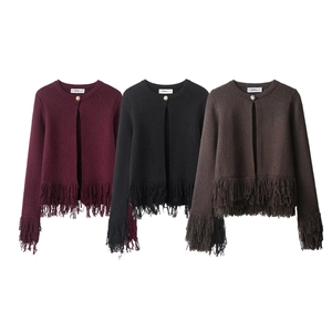 Women's crewneck knit cardigan with fringe hem and gold button in three colors