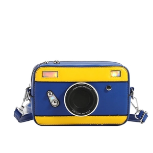 Stylish camera-shaped crossbody bag in blue and yellow PU leather with silver hardware