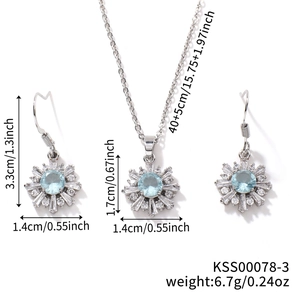 Detailed dimension guide for light blue snowflake jewelry set with weight and size specs