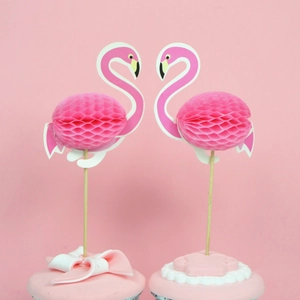 Pink flamingo paper honeycomb cupcake toppers for birthday party cake decorations