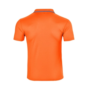 Back view of a vibrant orange short-sleeve polo shirt with moisture-wicking fabric