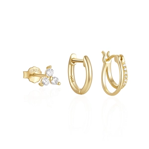 Detail view of gold S925 sterling silver earring set with clear gemstones and hallmarks