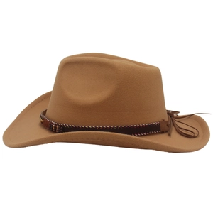 Detail of khaki cowboy hat with ethnic embroidered band and beaded leather cord