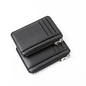 Slim black lychee texture leather wallet with double zippers and three outer card slots